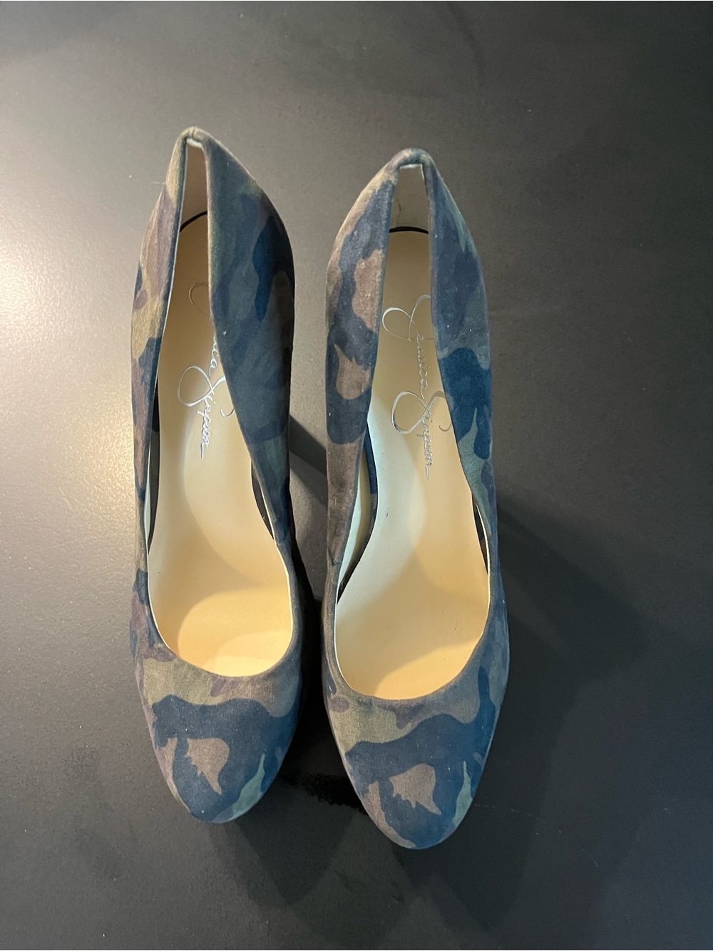 Jessica Simpson Camouflage Suede Round Toe Pumps - Blue/Gray Size 10